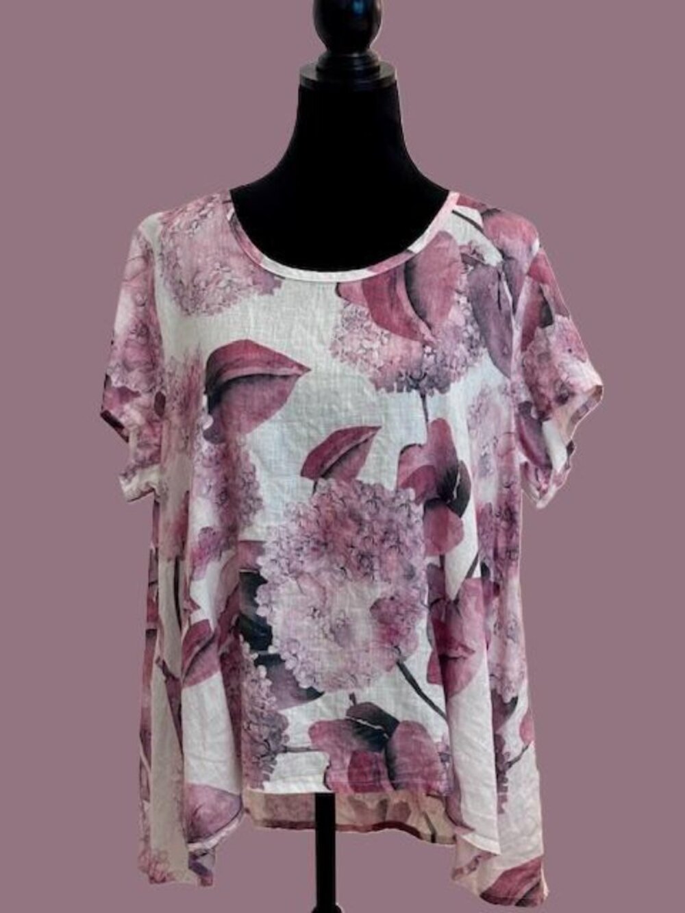 Flax Floral Short-Sleeve Linen Top in Pink and White